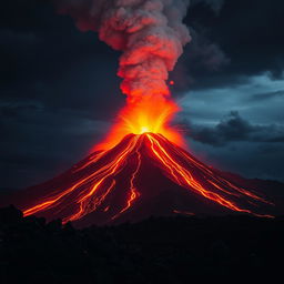 A dramatic scene of a volcano erupting, with molten lava spewing out and glowing brightly against a dark, smoky sky