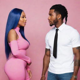 Illustrate a scene where Nicki Minaj is meeting Donovan for the first time. They are each characterised by their unique style and charisma, in a sophisticated yet casual setting.