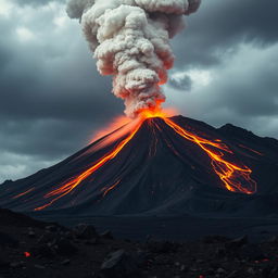 A dramatic scene of a volcano erupting, with molten lava spewing out and glowing brightly against a dark, smoky sky