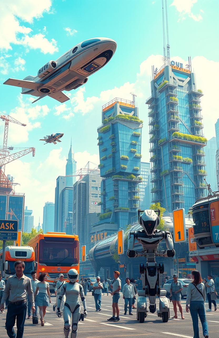 A futuristic scene depicting robotics and artificial intelligence reshaping urban life