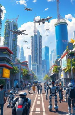 A futuristic scene depicting robotics and artificial intelligence reshaping urban life