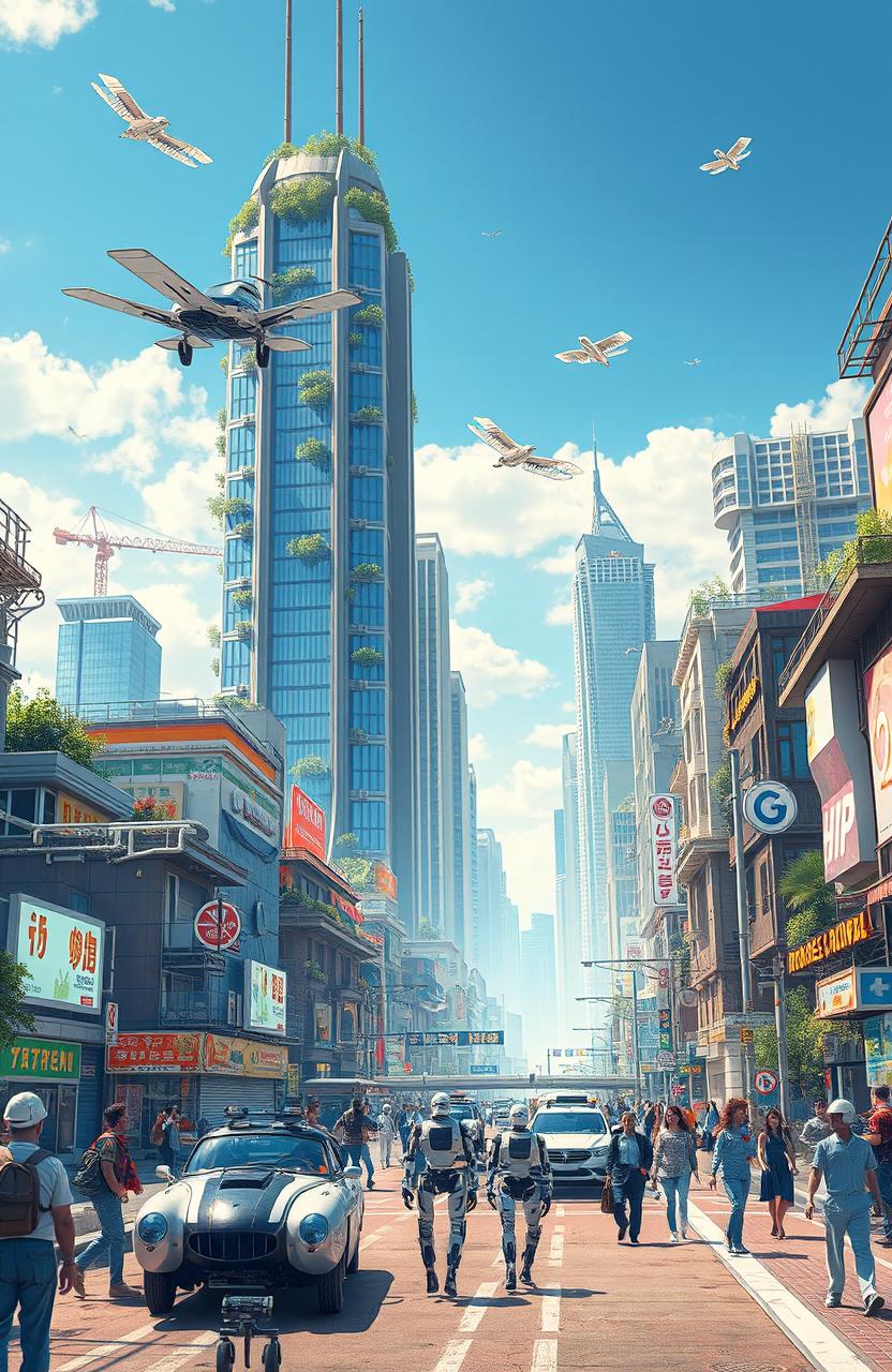 A futuristic scene depicting robotics and artificial intelligence reshaping urban life