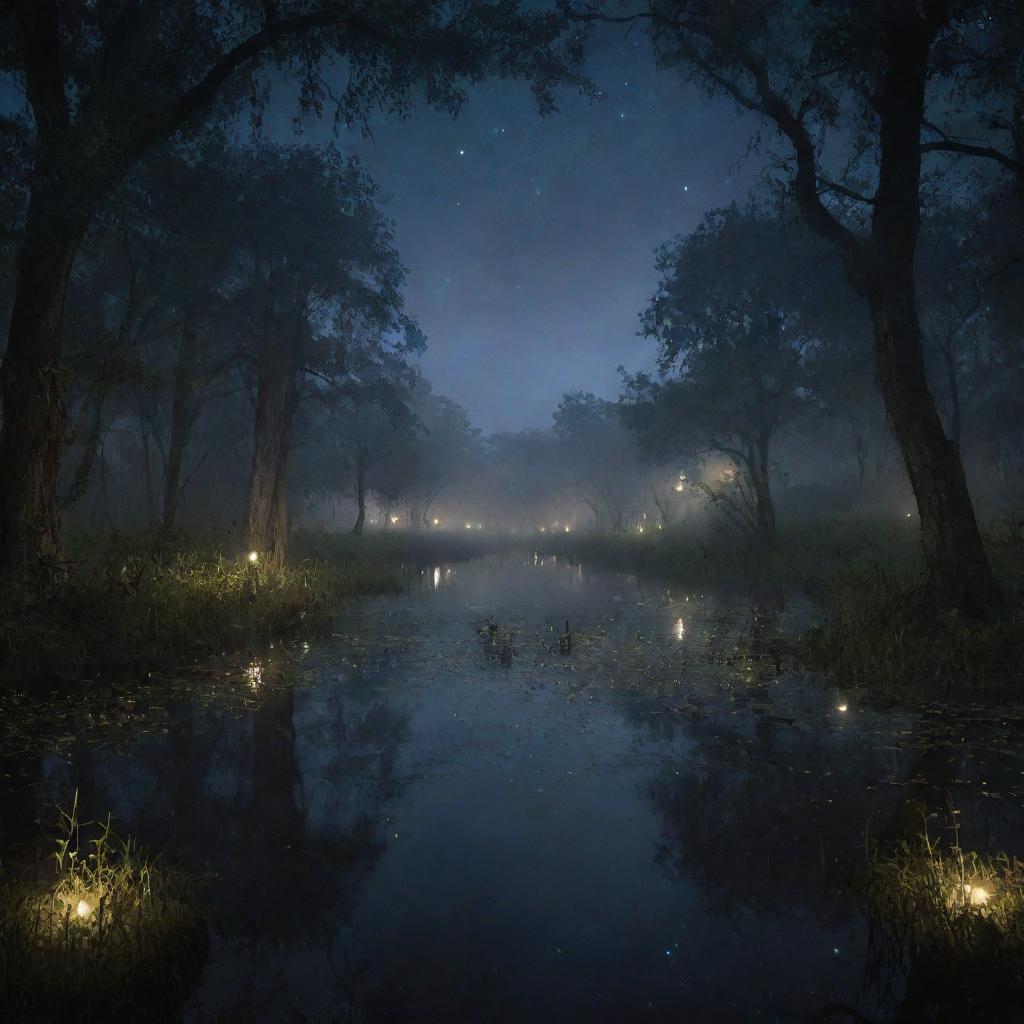 The enchanting scene at the dark bayou, teeming with night creatures in the foreground. Enhancing the atmosphere, a multitude of fireflies now illuminate the hazy night sky, their blinkings intensifying the eerie yet fascinating view.