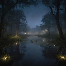 The enchanting scene at the dark bayou, teeming with night creatures in the foreground. Enhancing the atmosphere, a multitude of fireflies now illuminate the hazy night sky, their blinkings intensifying the eerie yet fascinating view.