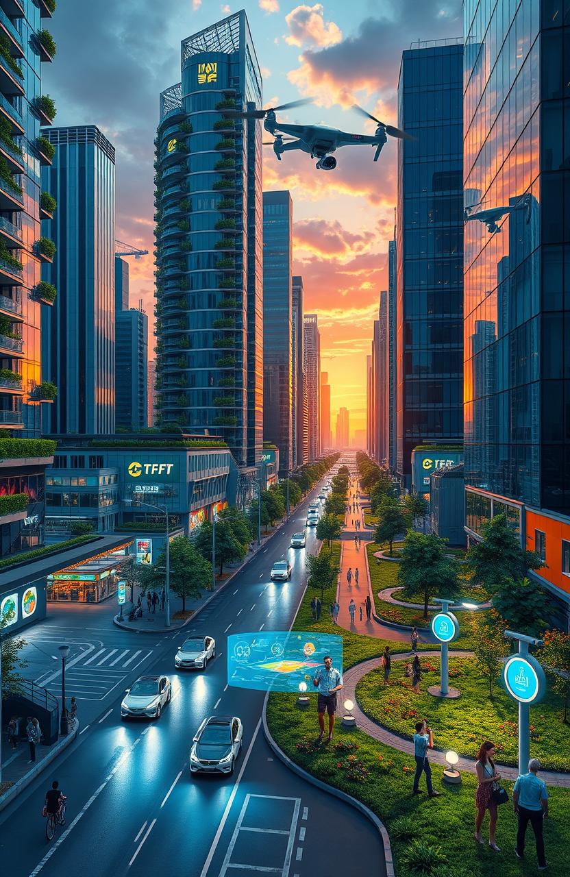 A futuristic smart city landscape showcasing eco-friendly architecture, hovering drones, and integrated technology