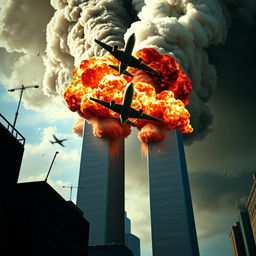 A dramatic scene showing the Twin Towers of New York City with a plane in the background approaching them