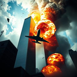 A dramatic scene showing the Twin Towers of New York City with a plane in the background approaching them