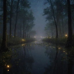 The enchanting scene at the dark bayou, teeming with night creatures in the foreground. Enhancing the atmosphere, a multitude of fireflies now illuminate the hazy night sky, their blinkings intensifying the eerie yet fascinating view.