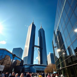 A striking view of the iconic Twin Towers, with their distinctive architecture, towering majestically against a clear blue sky