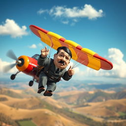 An imaginative scene depicting a cartoonish version of historical figure Adolf Hitler parachuting from a colorful airplane