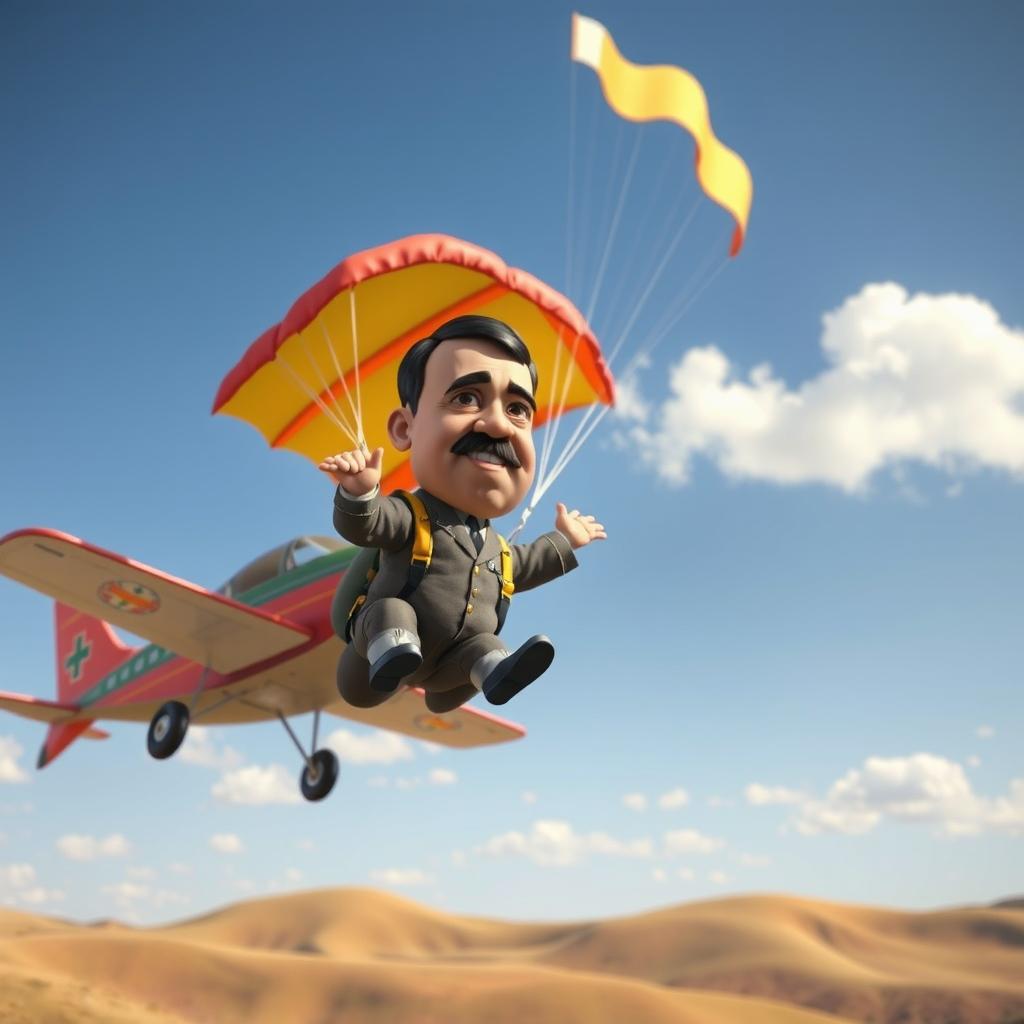 An imaginative scene depicting a cartoonish version of historical figure Adolf Hitler parachuting from a colorful airplane