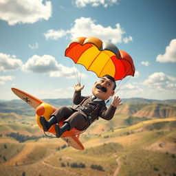 An imaginative scene depicting a cartoonish version of historical figure Adolf Hitler parachuting from a colorful airplane