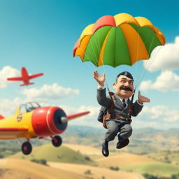 An imaginative scene depicting a cartoonish version of historical figure Adolf Hitler parachuting from a colorful airplane