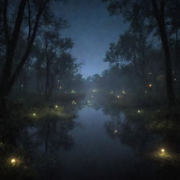 The enchanting scene at the dark bayou, teeming with night creatures in the foreground. Enhancing the atmosphere, a multitude of fireflies now illuminate the hazy night sky, their blinkings intensifying the eerie yet fascinating view.