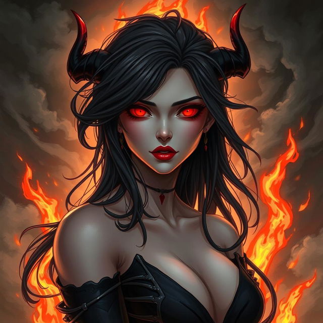 A captivating illustration titled 'The Devil Within', featuring a female figure embodying temptation and inner conflict