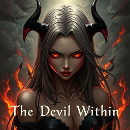 A captivating illustration titled 'The Devil Within', featuring a female figure embodying temptation and inner conflict