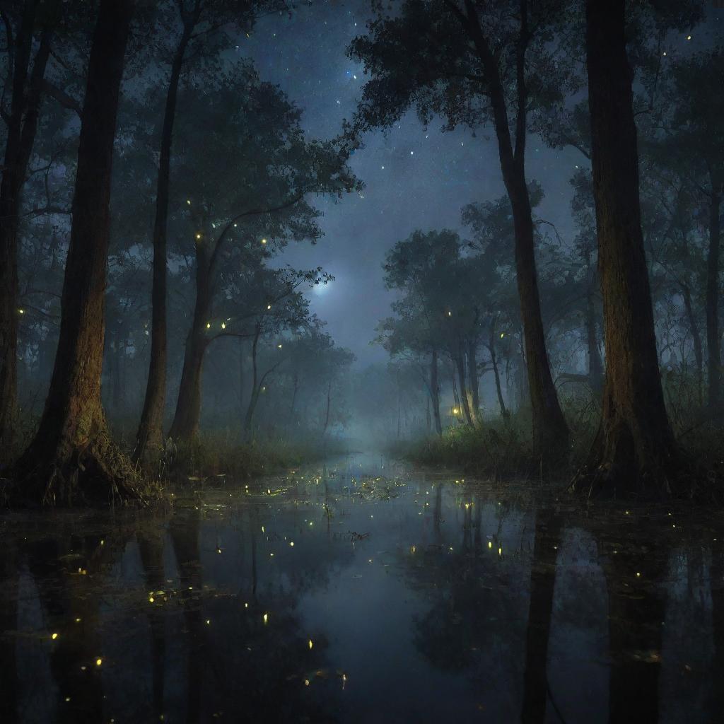 The enchanting scene at the dark bayou, teeming with night creatures in the foreground. Enhancing the atmosphere, a multitude of fireflies now illuminate the hazy night sky, their blinkings intensifying the eerie yet fascinating view.