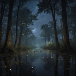 The enchanting scene at the dark bayou, teeming with night creatures in the foreground. Enhancing the atmosphere, a multitude of fireflies now illuminate the hazy night sky, their blinkings intensifying the eerie yet fascinating view.