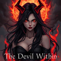 A captivating illustration titled 'The Devil Within', featuring a female figure embodying temptation and inner conflict