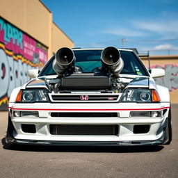 A modified 1990 Honda Civic, featuring a visually striking aggressive widebody kit that enhances its sporty look