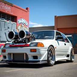 A modified 1990 Honda Civic, featuring a visually striking aggressive widebody kit that enhances its sporty look