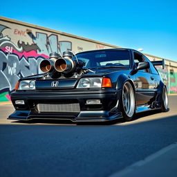 A modified 1990 Honda Civic, featuring a visually striking aggressive widebody kit that enhances its sporty look