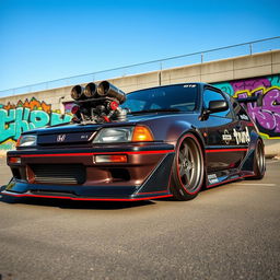 A modified 1990 Honda Civic, featuring a visually striking aggressive widebody kit that enhances its sporty look