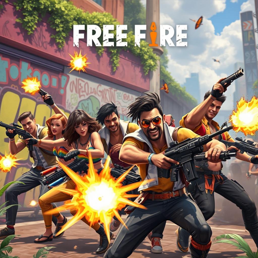 An action-packed scene inspired by the game Free Fire, featuring a vibrant and diverse group of LGBTQ+ characters engaged in a thrilling battle