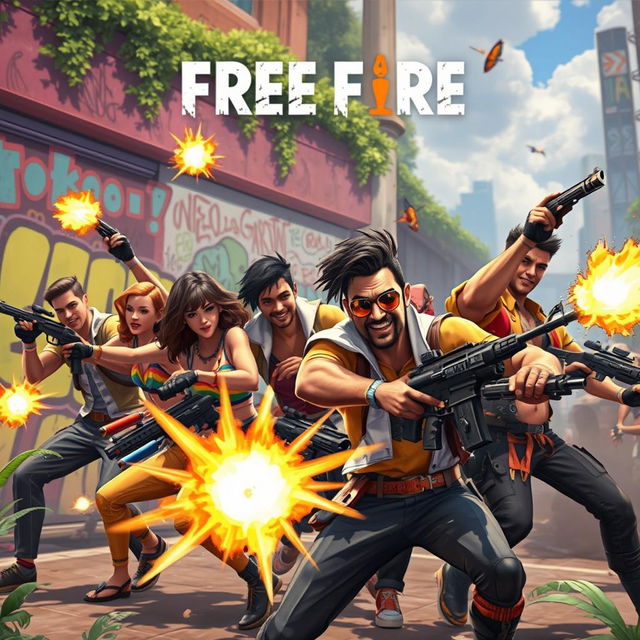 An action-packed scene inspired by the game Free Fire, featuring a vibrant and diverse group of LGBTQ+ characters engaged in a thrilling battle