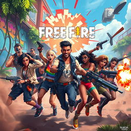 An action-packed scene inspired by the game Free Fire, featuring a vibrant and diverse group of LGBTQ+ characters engaged in a thrilling battle