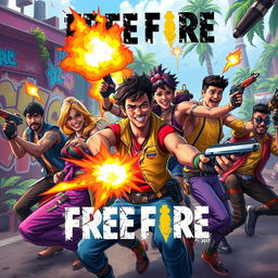 An action-packed scene inspired by the game Free Fire, featuring a vibrant and diverse group of LGBTQ+ characters engaged in a thrilling battle