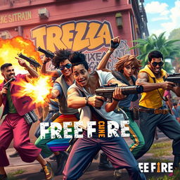 An action-packed scene inspired by the game Free Fire, featuring a vibrant and diverse group of LGBTQ+ characters engaged in a thrilling battle