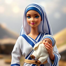 A unique Barbie doll inspired by Mother Teresa, showcasing her in a traditional sari with the characteristic blue and white hues, holding a small child