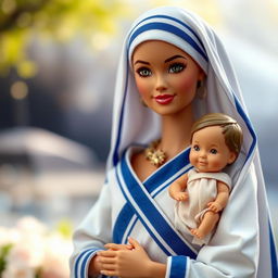 A unique Barbie doll inspired by Mother Teresa, showcasing her in a traditional sari with the characteristic blue and white hues, holding a small child