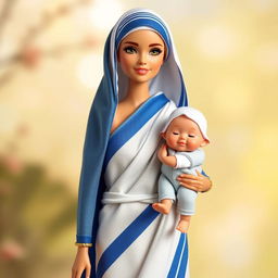 A unique Barbie doll inspired by Mother Teresa, showcasing her in a traditional sari with the characteristic blue and white hues, holding a small child