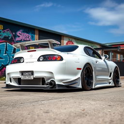 A modified 1997 Toyota Supra MK4, showcasing an aggressive widebody kit that amplifies its muscular stance