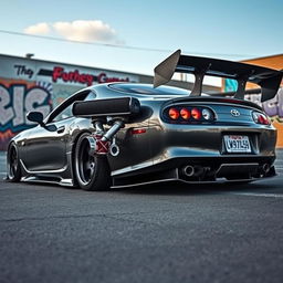 A modified 1997 Toyota Supra MK4, showcasing an aggressive widebody kit that amplifies its muscular stance