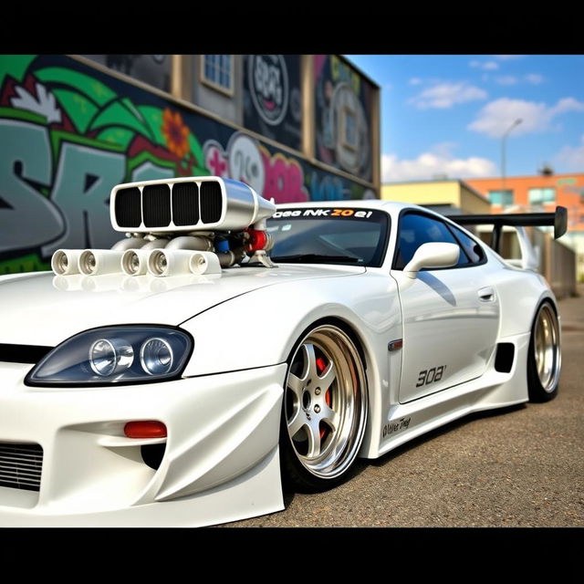 A modified 1997 Toyota Supra MK4, showcasing an aggressive widebody kit that amplifies its muscular stance