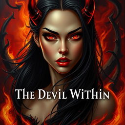 A striking portrayal titled 'The Devil Within', featuring a mesmerizing female figure embodying both beauty and darkness