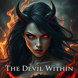 A striking portrayal titled 'The Devil Within', featuring a mesmerizing female figure embodying both beauty and darkness