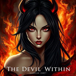 A striking portrayal titled 'The Devil Within', featuring a mesmerizing female figure embodying both beauty and darkness