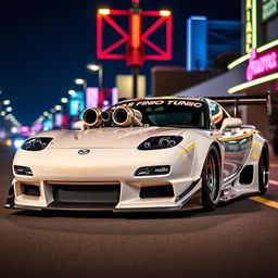 A modified 2001 Mazda RX-7, featuring an aggressive widebody kit that accentuates its sleek, aerodynamic design