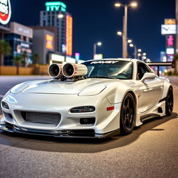 A modified 2001 Mazda RX-7, featuring an aggressive widebody kit that accentuates its sleek, aerodynamic design