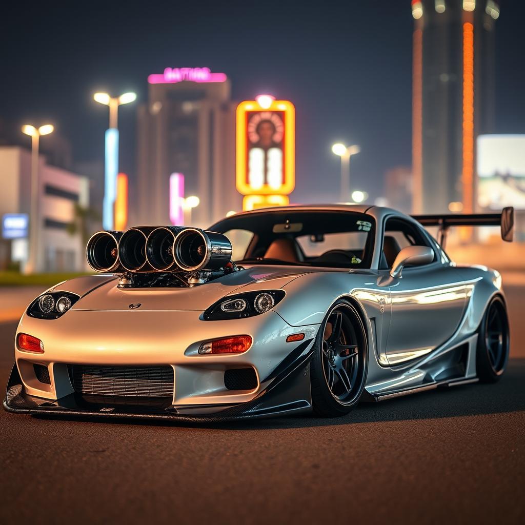 A modified 2001 Mazda RX-7, featuring an aggressive widebody kit that accentuates its sleek, aerodynamic design