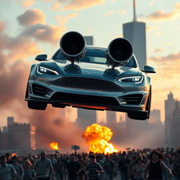 A cinematic scene featuring a modified Tesla with a widebody kit and a V12 engine swap, soaring through the air towards the Twin Towers