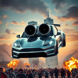 A cinematic scene featuring a modified Tesla with a widebody kit and a V12 engine swap, soaring through the air towards the Twin Towers