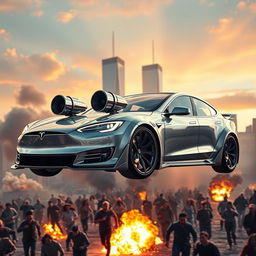 A cinematic scene featuring a modified Tesla with a widebody kit and a V12 engine swap, soaring through the air towards the Twin Towers