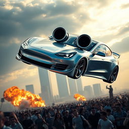 A cinematic scene featuring a modified Tesla with a widebody kit and a V12 engine swap, soaring through the air towards the Twin Towers