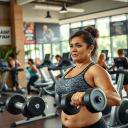 A fit and curvy 45-year-old woman working out in a modern Indonesian gym, wearing sporty gym attire