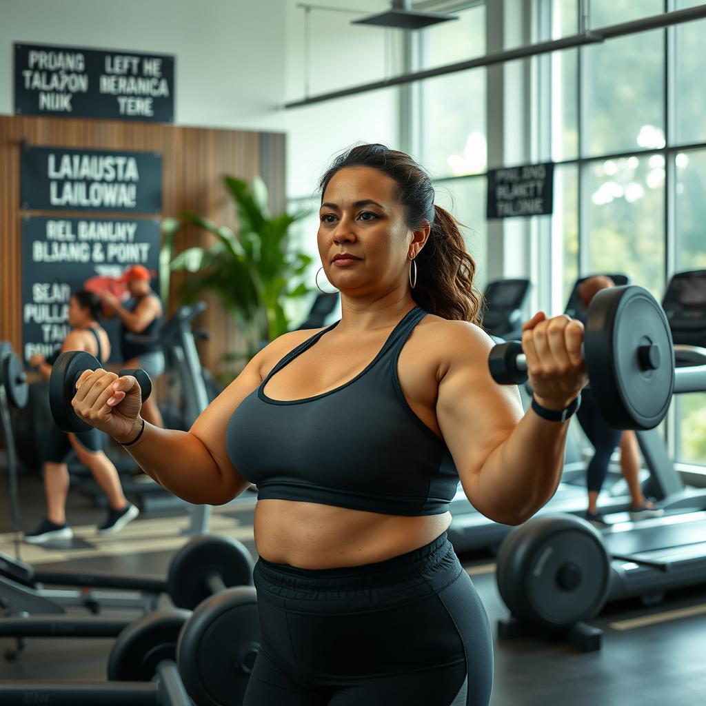 A fit and curvy 45-year-old woman working out in a modern Indonesian gym, wearing sporty gym attire